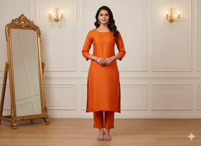 Tangerine Orange Plain Bangalore Raw Silk Fabric  (Wholesale)