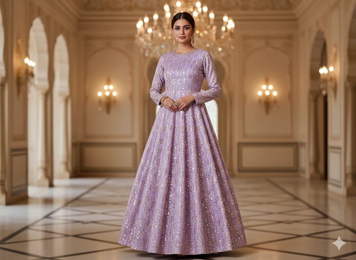 लैवेंडर मेटैलिक सेक्विन कढ़ाई मलाई साटन फैब्रिक