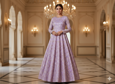 लैवेंडर मेटैलिक सेक्विन कढ़ाई मलाई साटन फैब्रिक