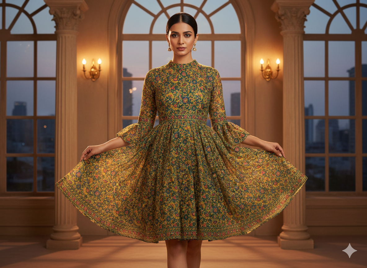 Green Floral 100% Pure Cotton Handblocked Kalamkari Fabric