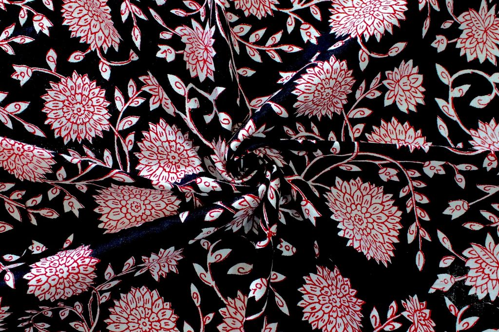 Black And Red Floral Printed Pure Cotton Fabric