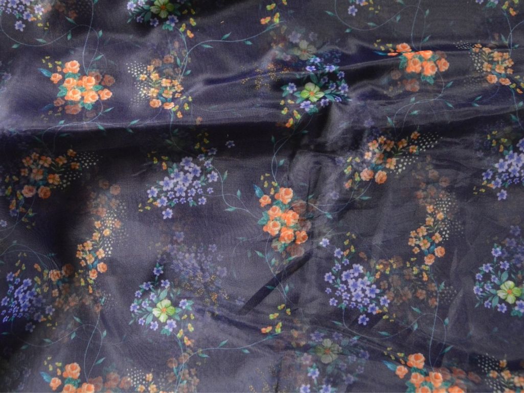Purple Floral Digital Printed Liquid Organza Fabric