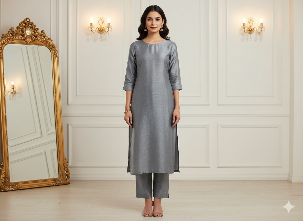 Steel Gray Plain Bangalore Raw Silk Fabric  (Wholesale)