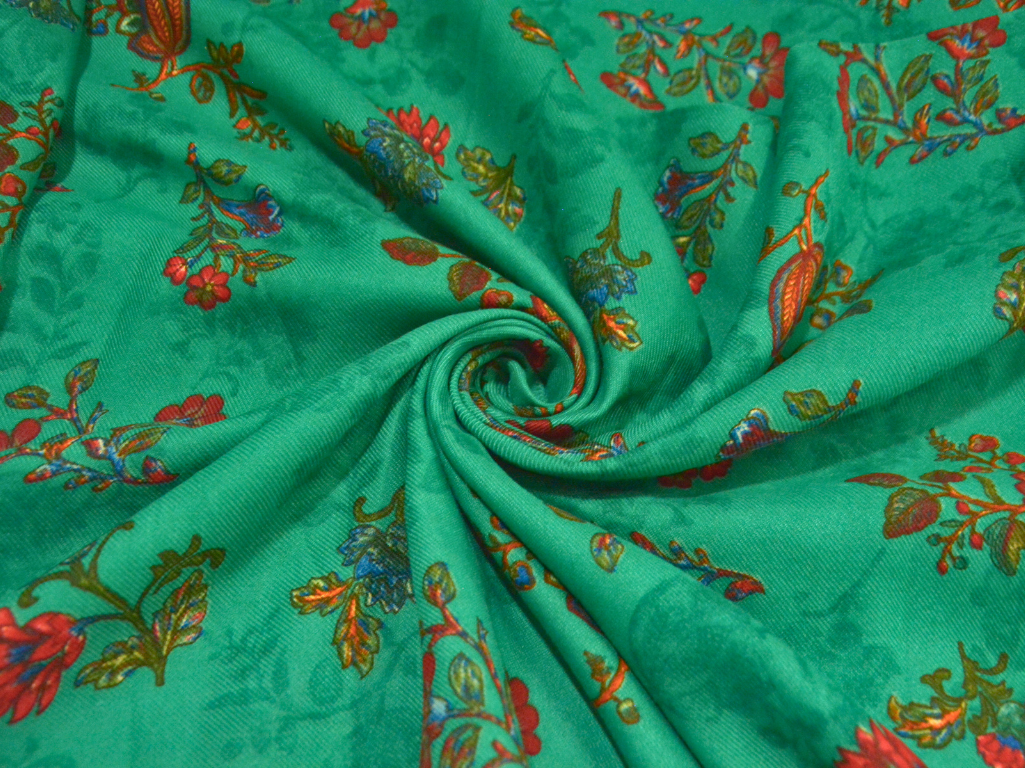 Teal Green Floral Printed Semi Pashimna Woolen Fabric