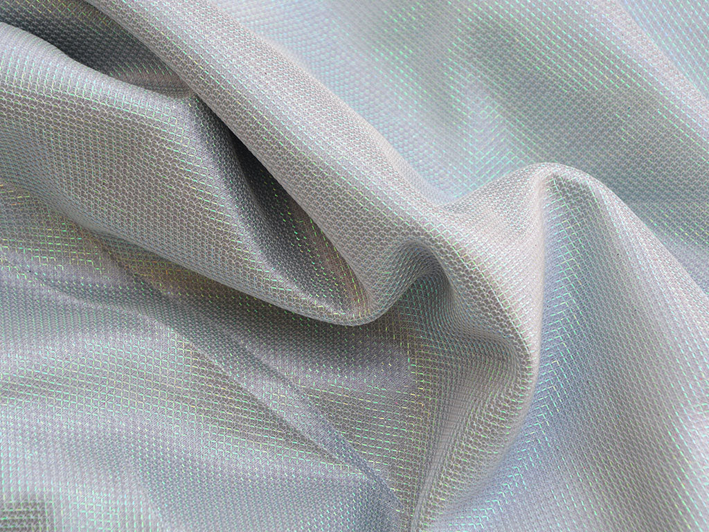 Ice Blue Rainbow Geometric Mesh Shimmer Interlock Bonding Fabric