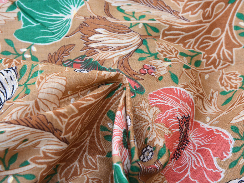 Mud Brown Floral Pure Mul Mul Cotton Fabric