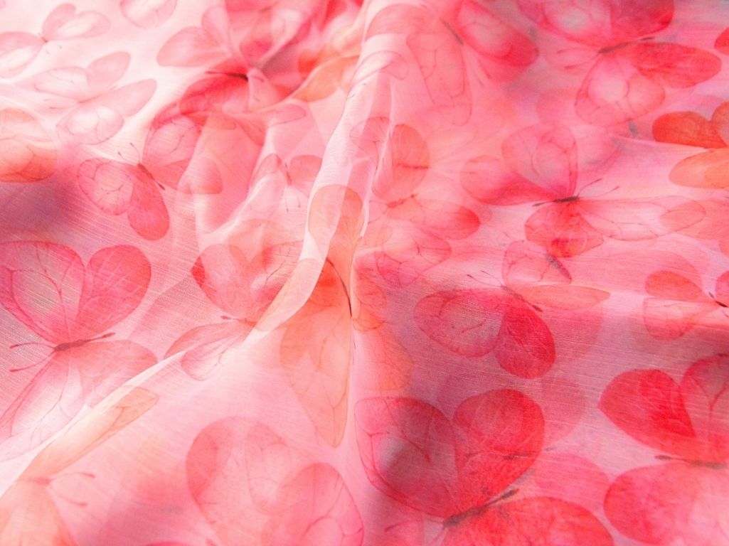 Pink Butterfly Digital Printed Liquid Organza Fabric