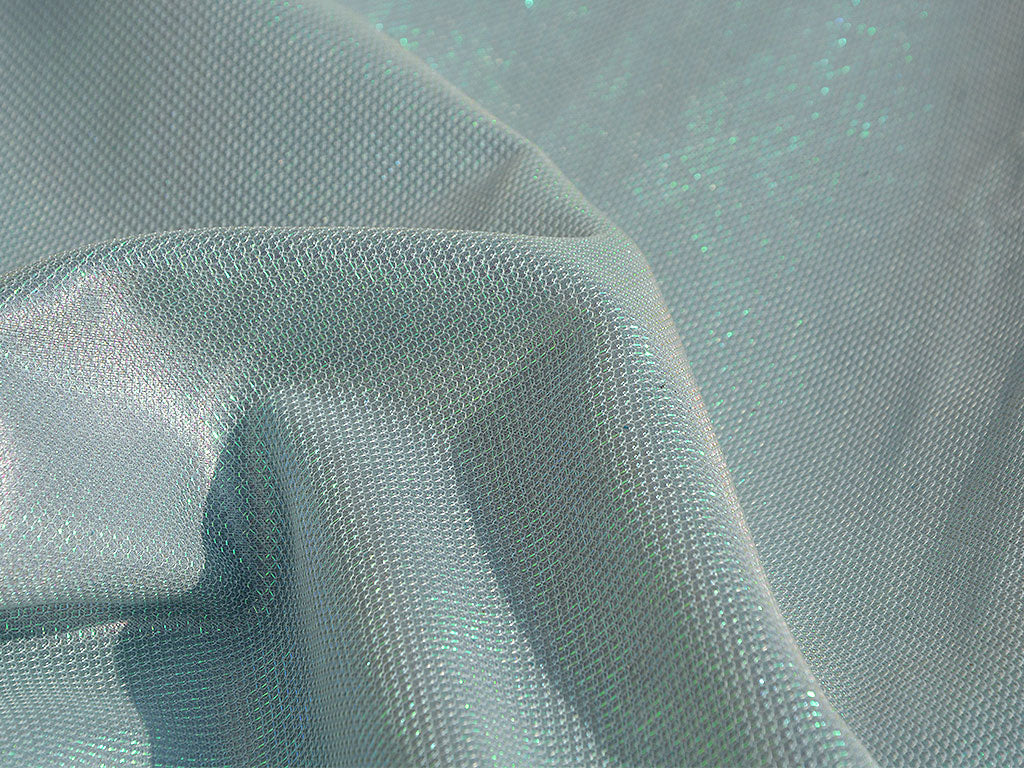 Ice Blue Rainbow Geometric Mesh Shimmer Interlock Bonding Fabric