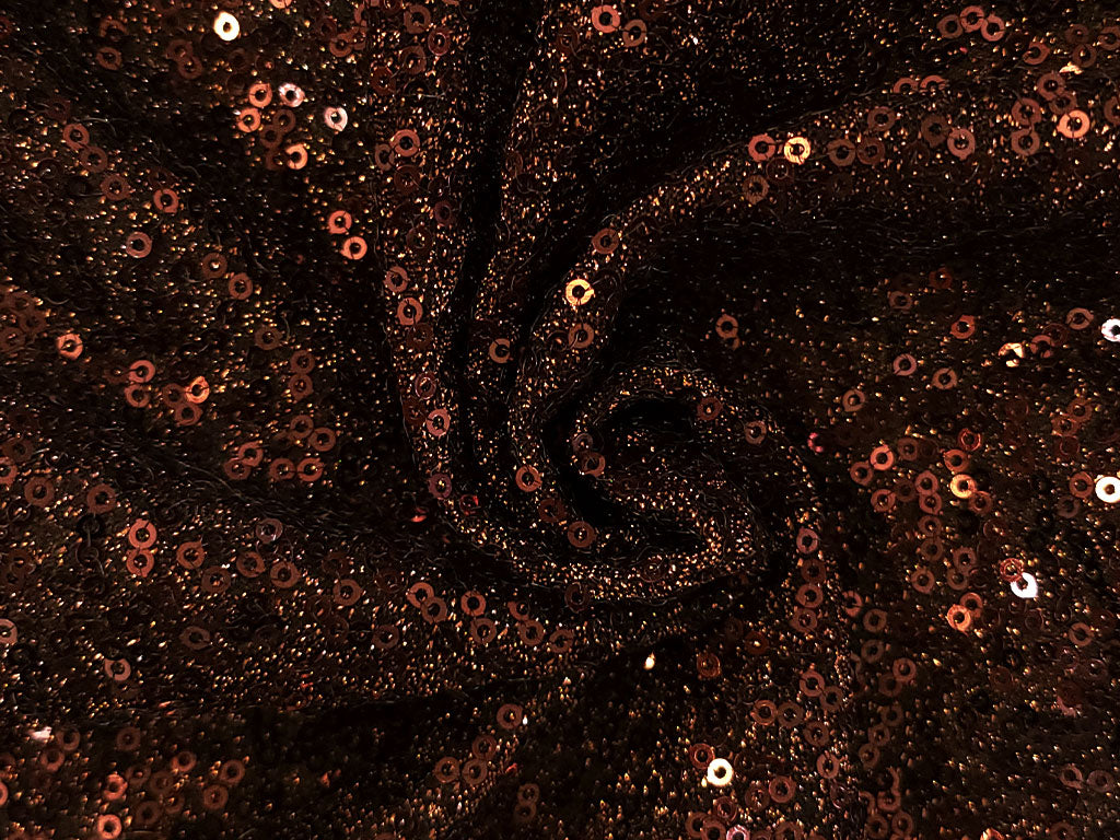 Brown Glitter Sequins Embroidered Net Fabric