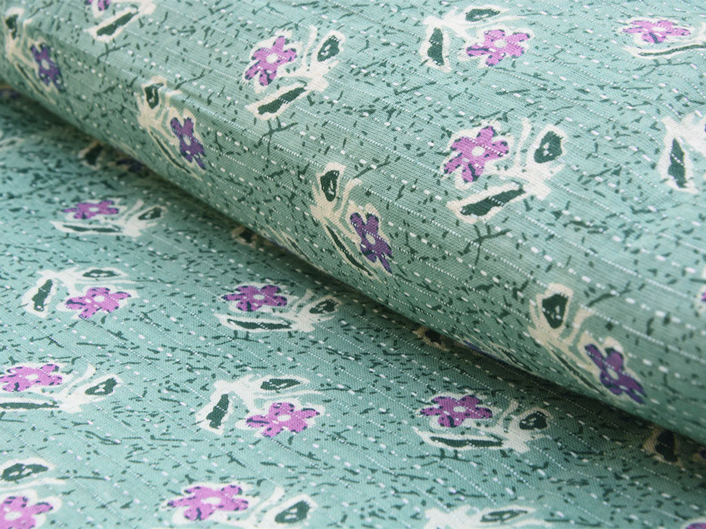 Mint Green Floral Pure Cotton Kantha Fabric