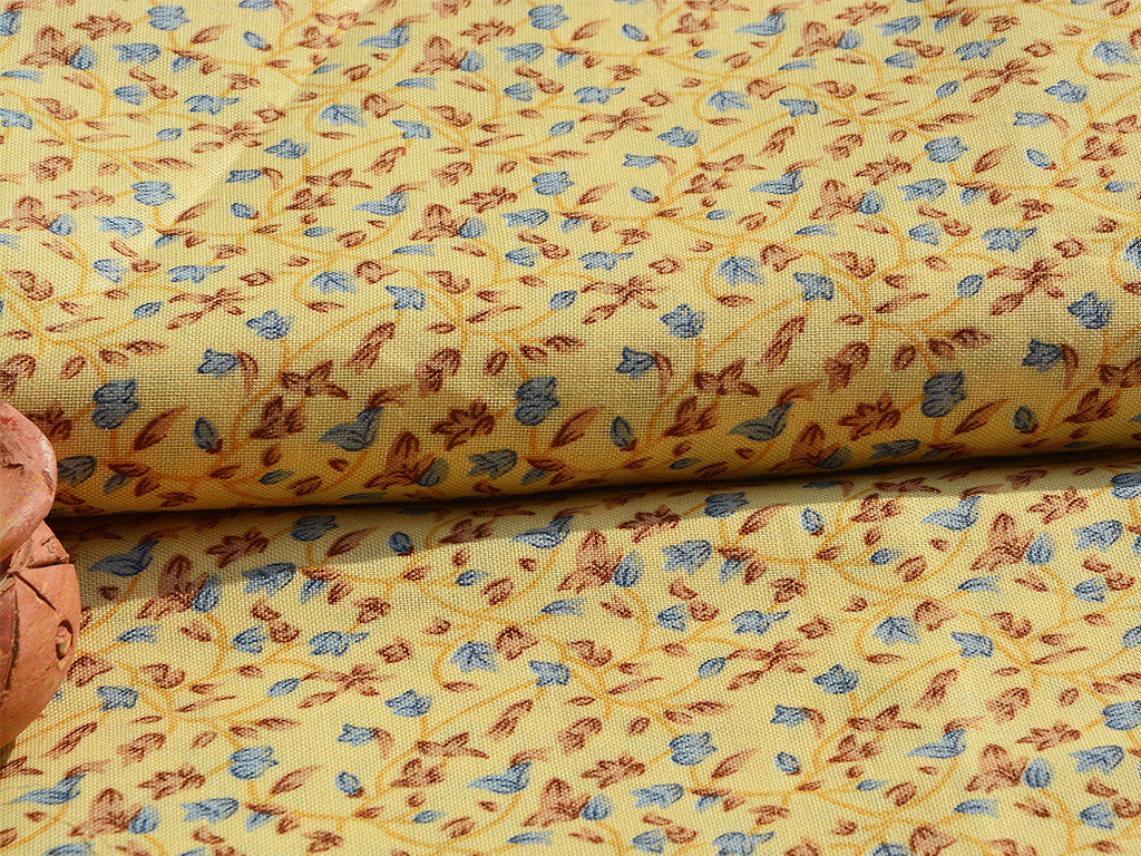 Cream & Light Brown Floral Digital Printed Slub Cotton Fabric