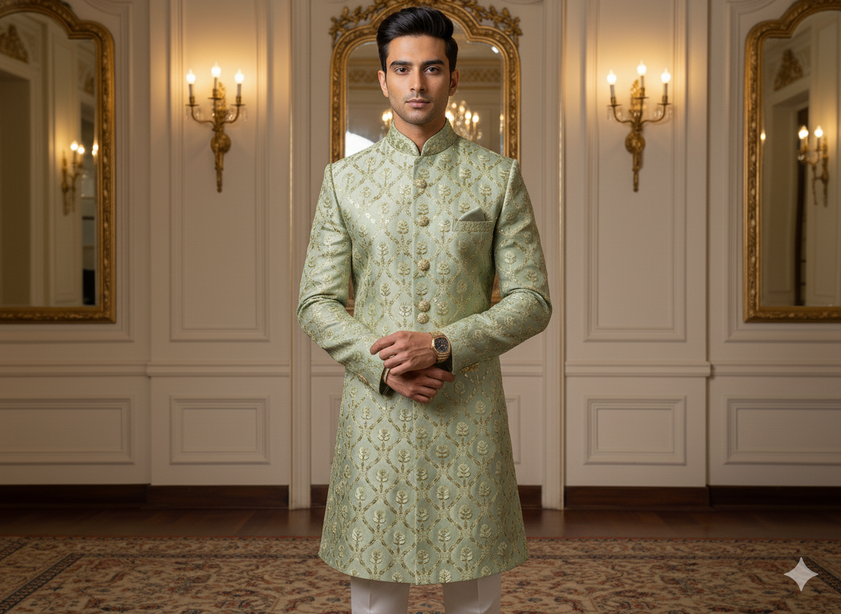 पेस्टल ग्रीन मेटैलिक सेक्विन कढ़ाई मलाई साटन फैब्रिक