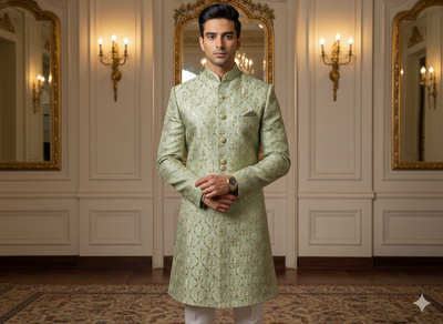 पेस्टल ग्रीन मेटैलिक सेक्विन कढ़ाई मलाई साटन फैब्रिक