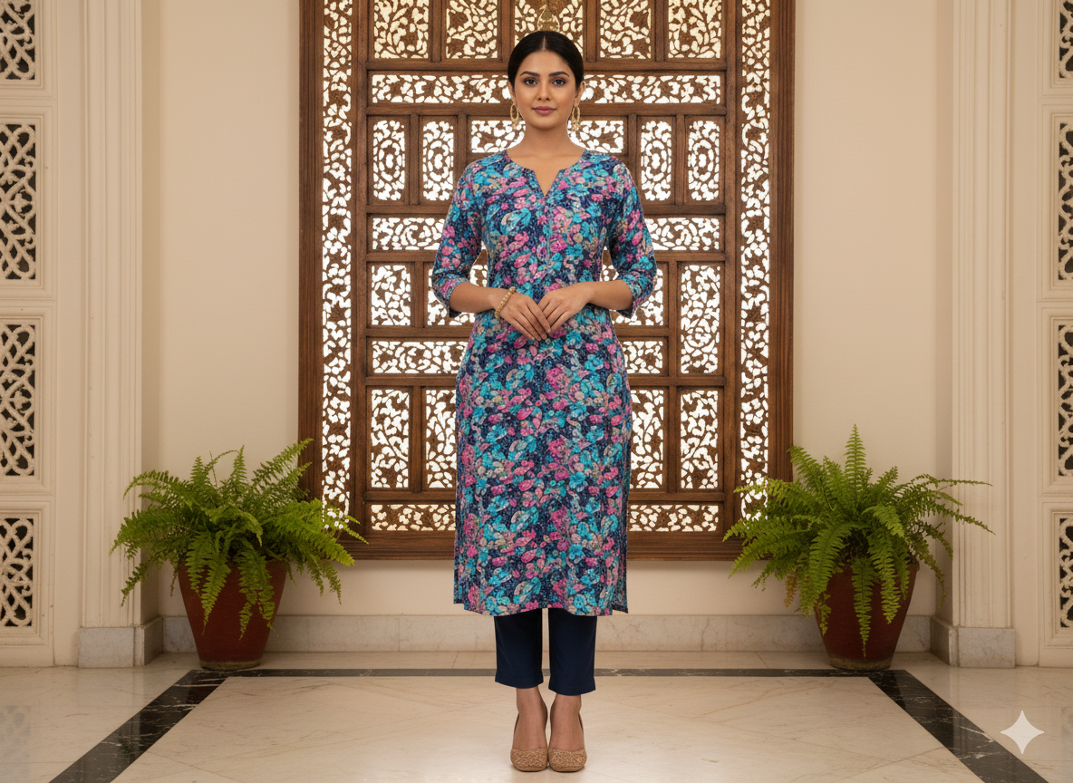 Sky Blue Floral Digitally Printed Butter Crepe Fabric