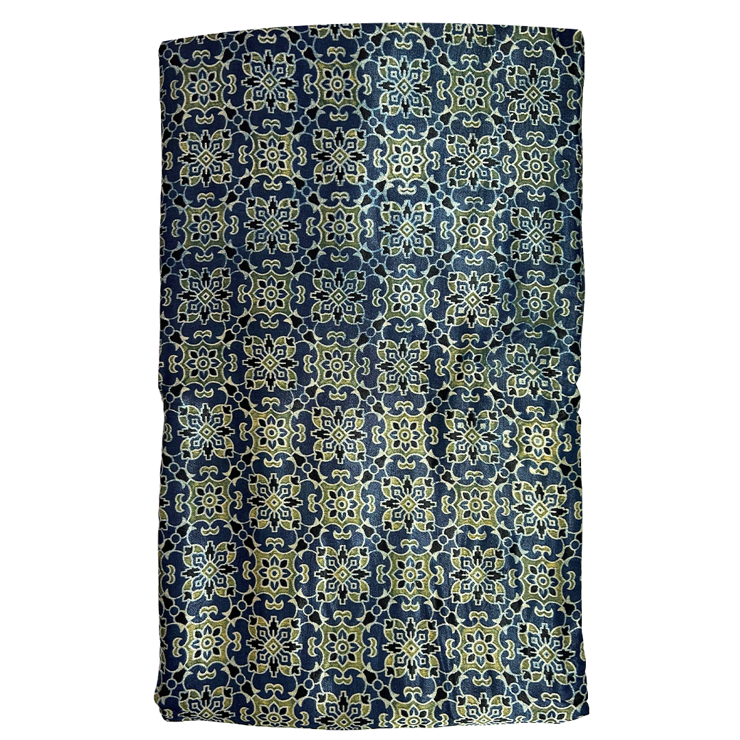 Navy Blue & Light Green Floral Printed Ajrakh Printed Mashru Silk Fabric