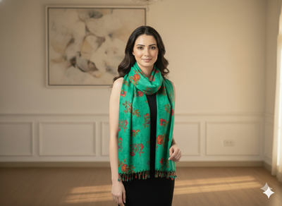 Teal Green Floral Printed Semi Pashimna Woolen Fabric