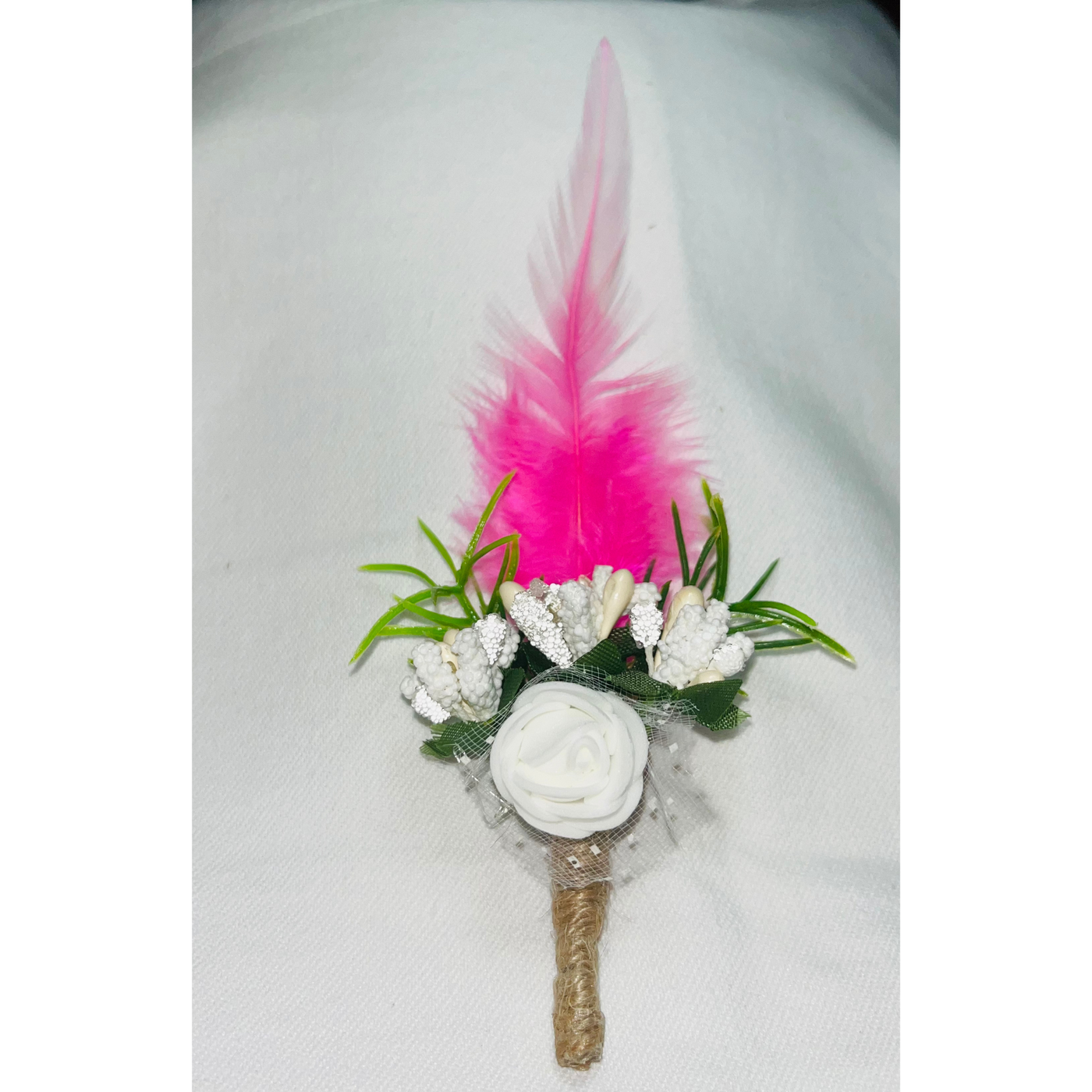 White And Pink Faux Feather Flower Brooch