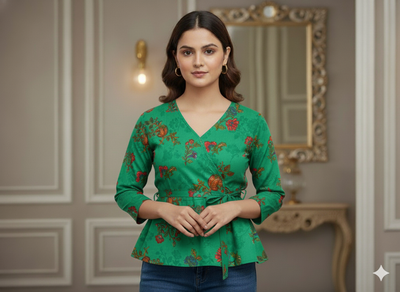 Teal Green Floral Printed Semi Pashimna Woolen Fabric