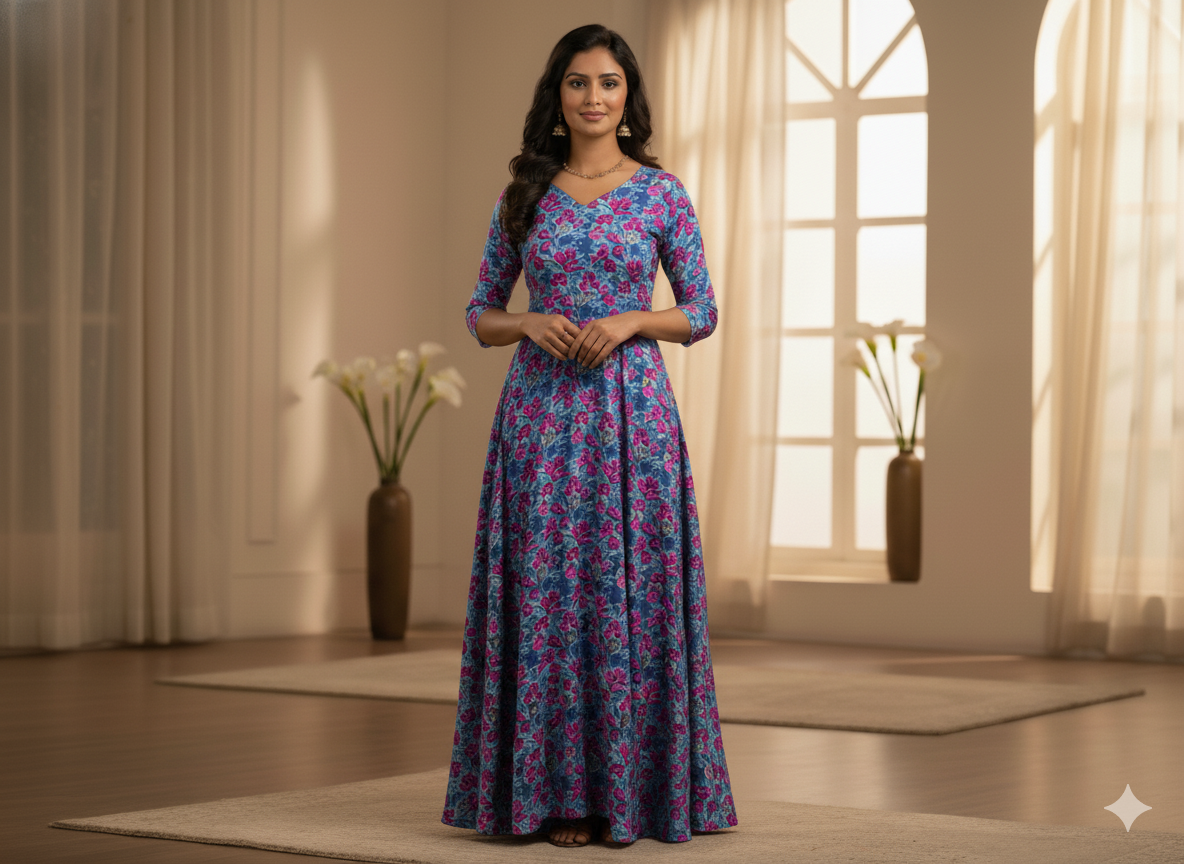 Sky Blue Floral Digitally Printed Butter Crepe Fabric