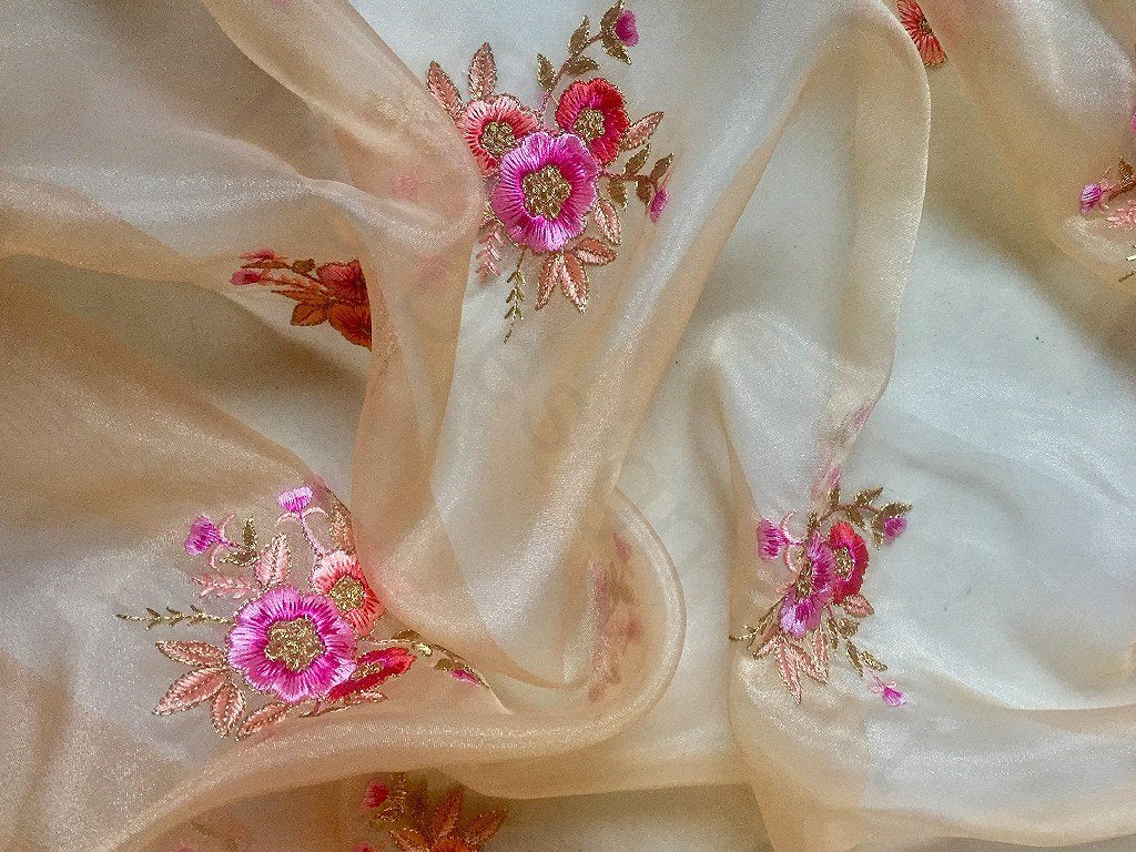 Multicolor Floral Embroidered Organza Fabric (Wholesale)