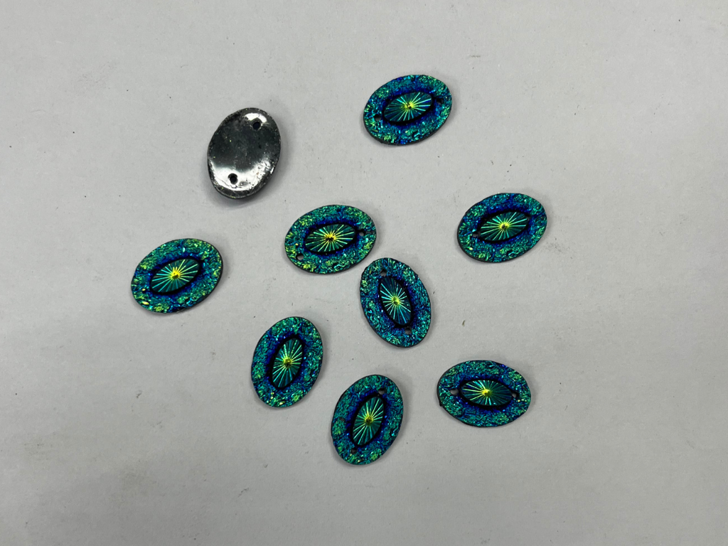 Holographic Blue Oval Flat Back 2 Hole Plastic Stones