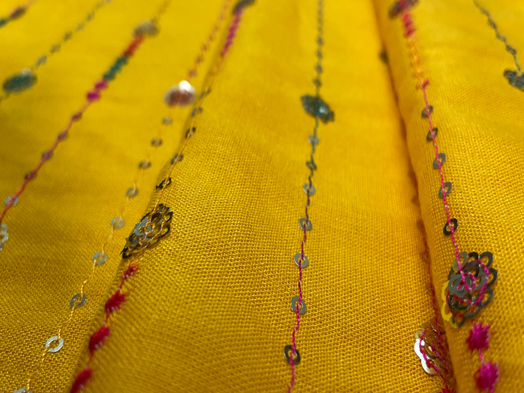 Bright Yellow Luxuries Embroidery Work Cotton Rayon Fabric