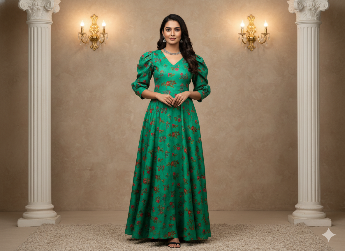 Teal Green Floral Printed Semi Pashimna Woolen Fabric