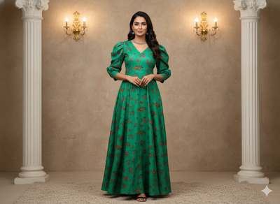 Teal Green Floral Printed Semi Pashimna Woolen Fabric