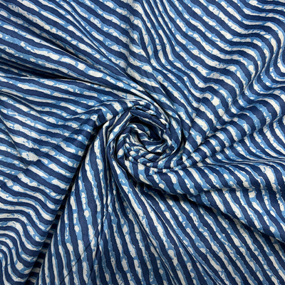 Dark Blue & White Stripes Printed Cotton Fabric