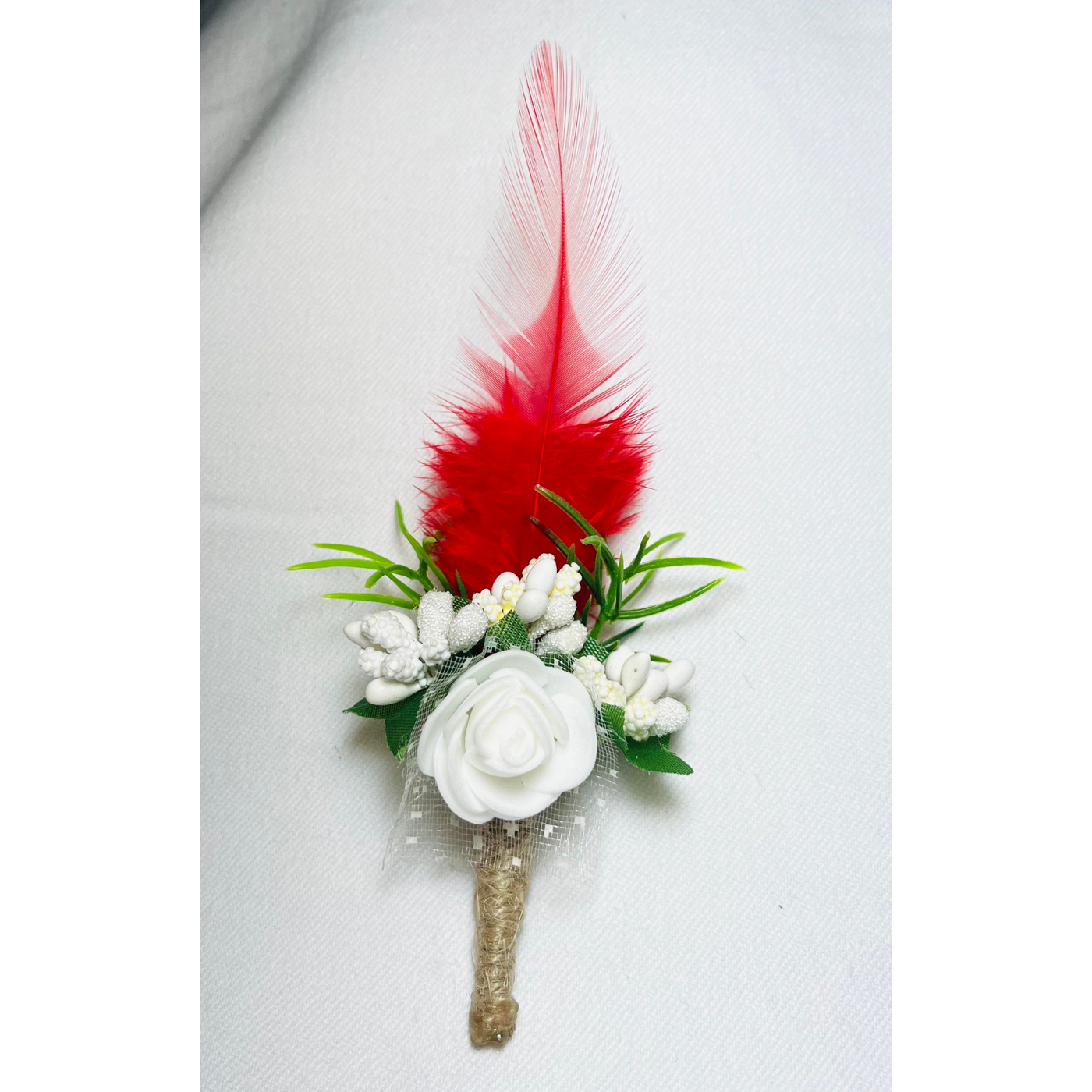 White And Red Faux Feather Flower Brooch