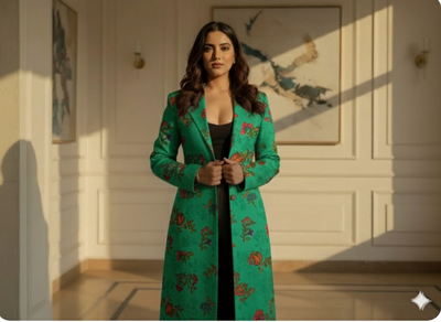 Teal Green Floral Printed Semi Pashimna Woolen Fabric