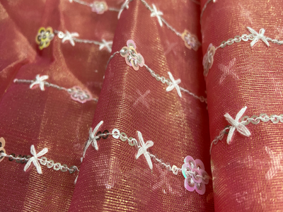 Peach Sequins Work Nylon Organza Fabric