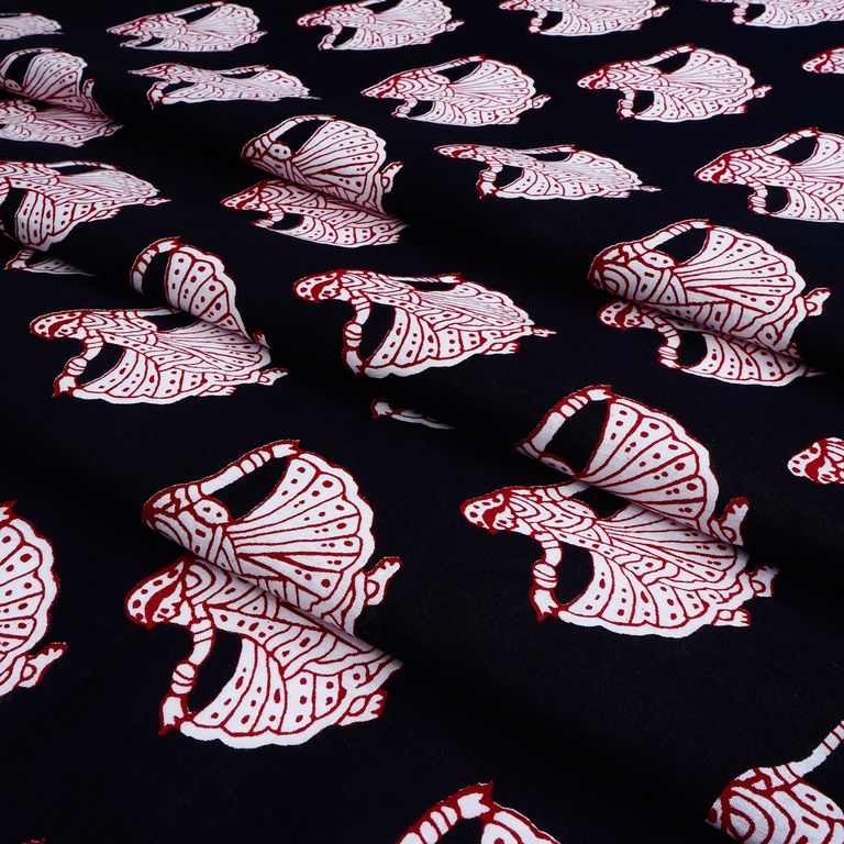 Black & Red Traditional Printed Pure Cotton Fabric