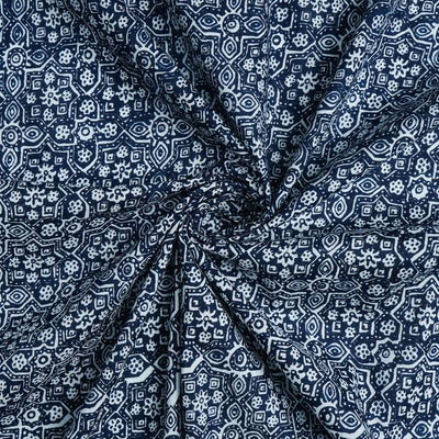 Navy Blue & White Traditional Printed Pure Cotton Fabric