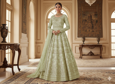 पेस्टल ग्रीन मेटैलिक सेक्विन कढ़ाई मलाई साटन फैब्रिक