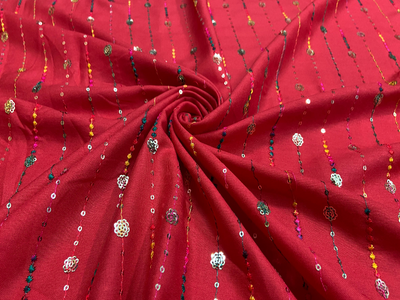 Bright Red Luxuries Embroidery Work Cotton Rayon Fabric