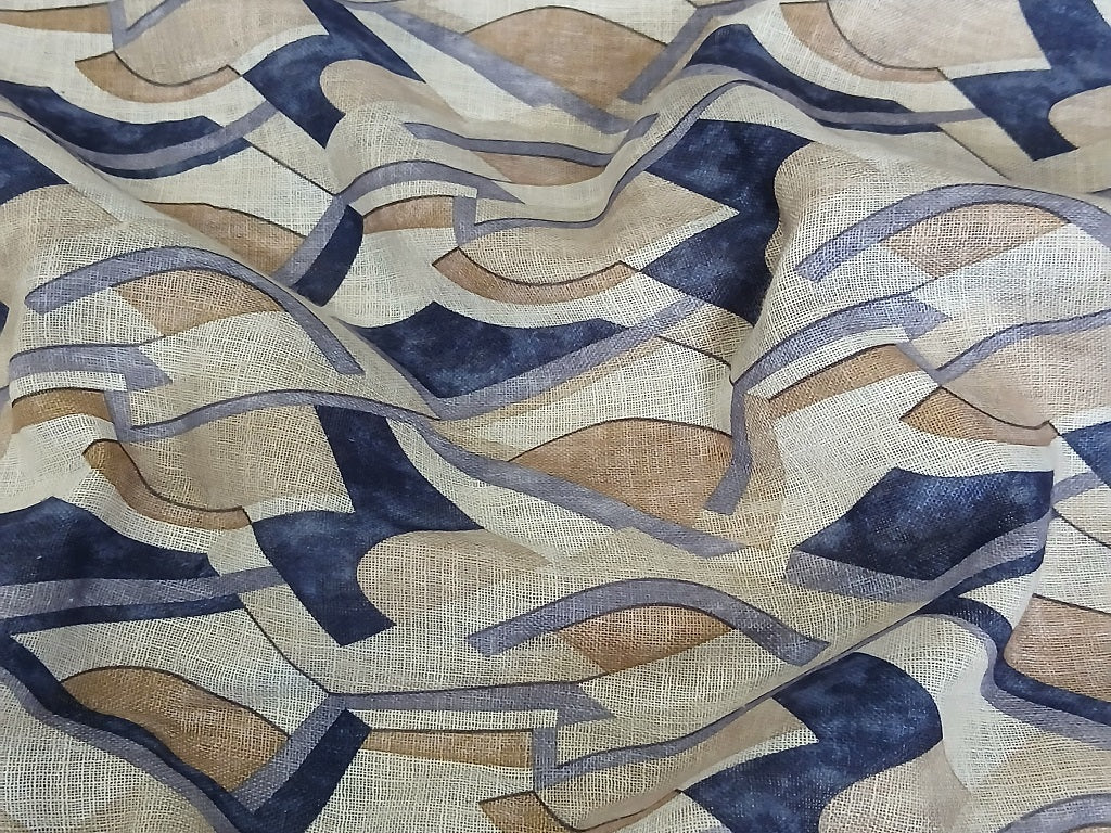 Beige & Navy Blue Abstract Digital Print Linen Fabric (Wholesale)