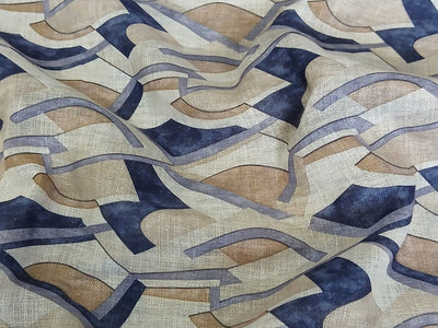 Beige & Navy Blue Abstract Digital Print Linen Fabric (Wholesale)