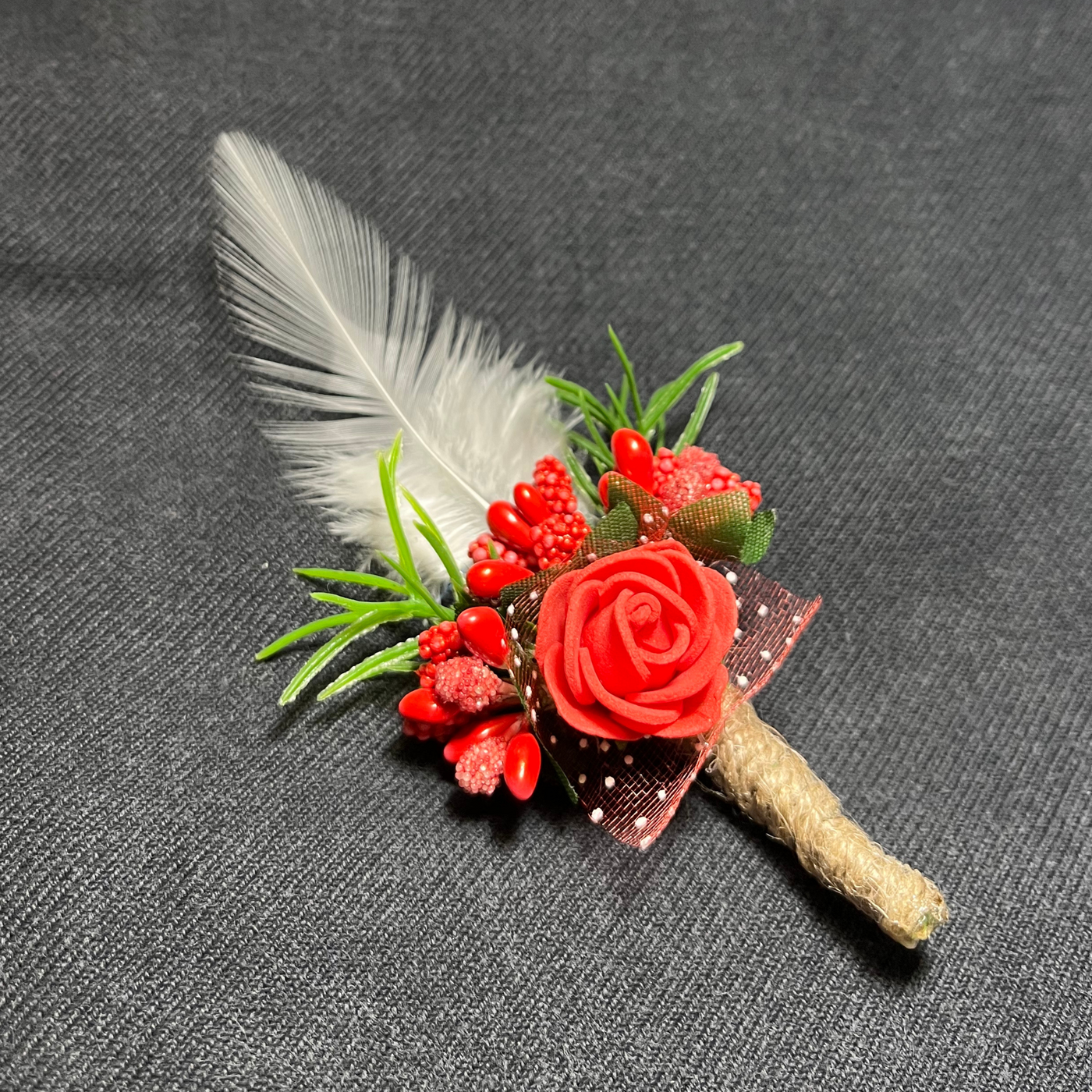 Red & White Faux Feather Flower Brooch