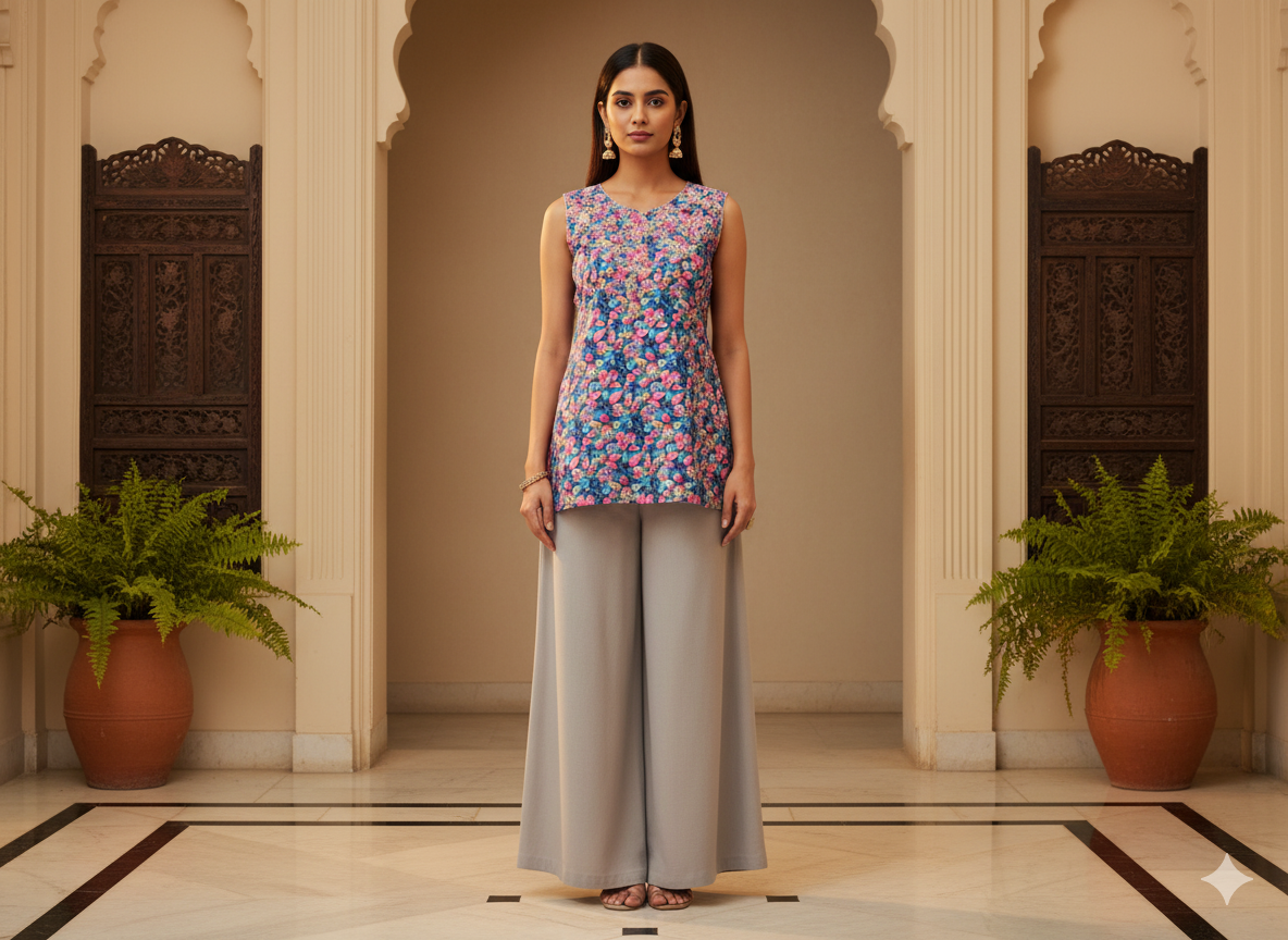 Sky Blue Floral Digitally Printed Butter Crepe Fabric