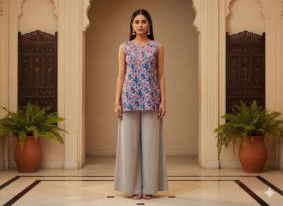 Sky Blue Floral Digitally Printed Butter Crepe Fabric