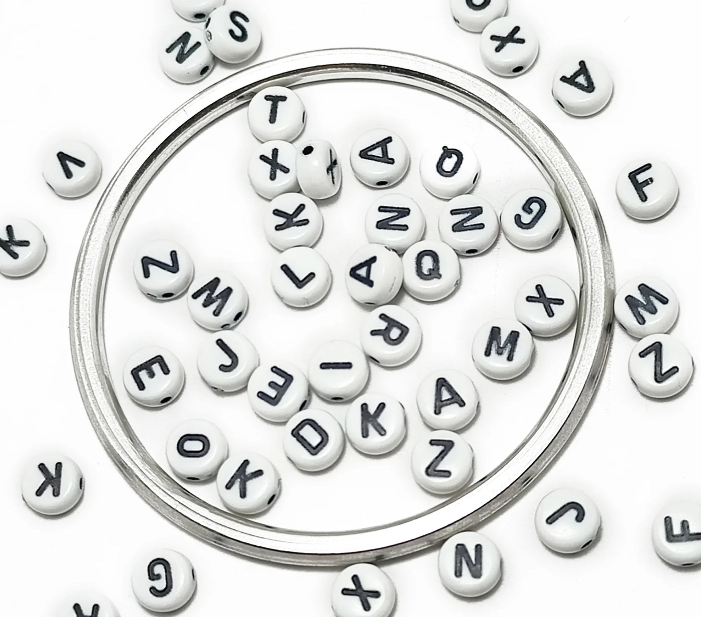 White & Black Circular One Hole Alphabet Plastic Beads