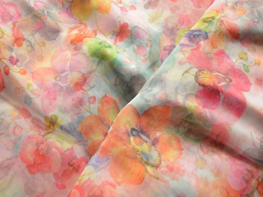White Floral Digital Printed Liquid Organza Fabric