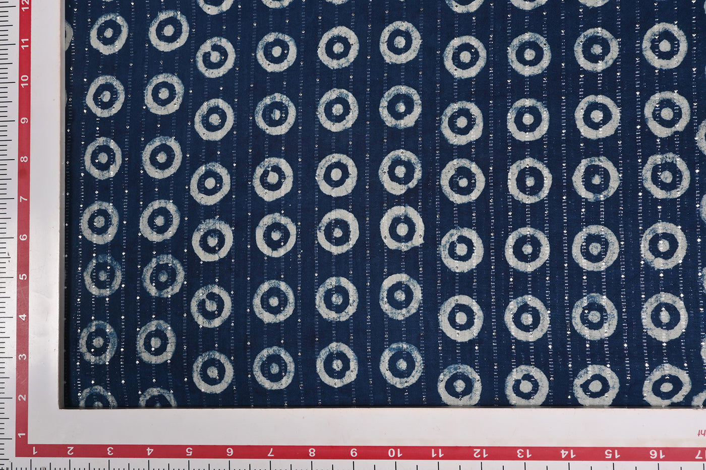 Blue & White Motifs Cotton Lurex Stripe Fabric