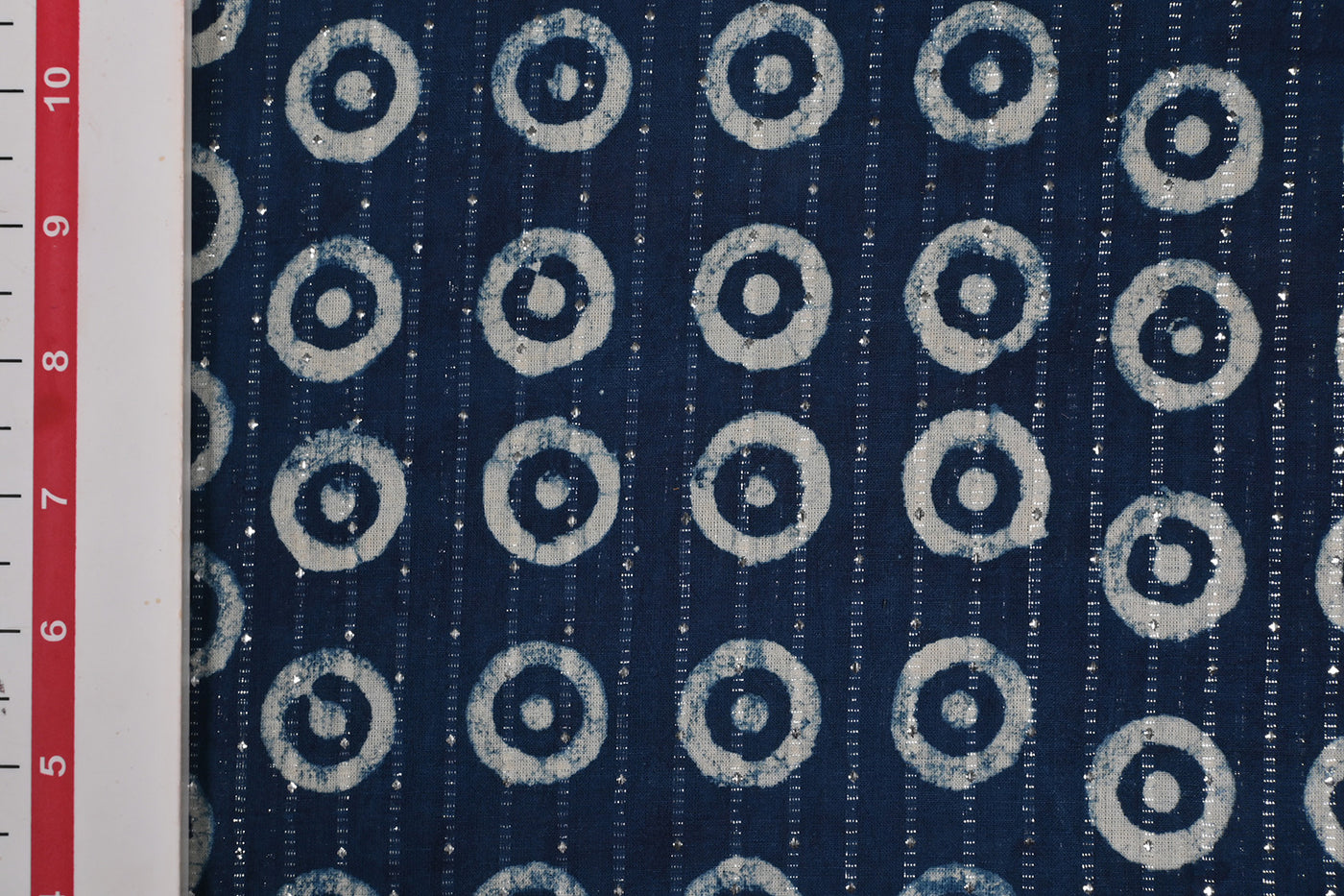 Blue & White Motifs Cotton Lurex Stripe Fabric