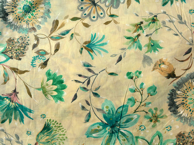 Cream & Sea Green Floral Pure Mul Mul Cotton Fabric