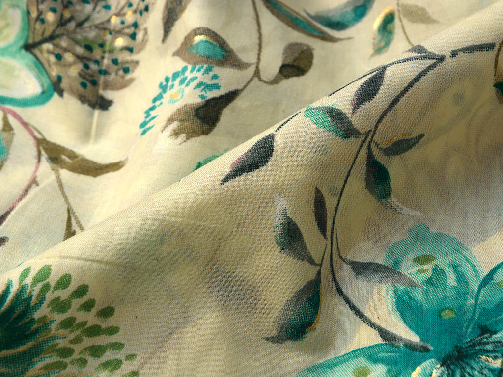 Cream & Sea Green Floral Pure Mul Mul Cotton Fabric