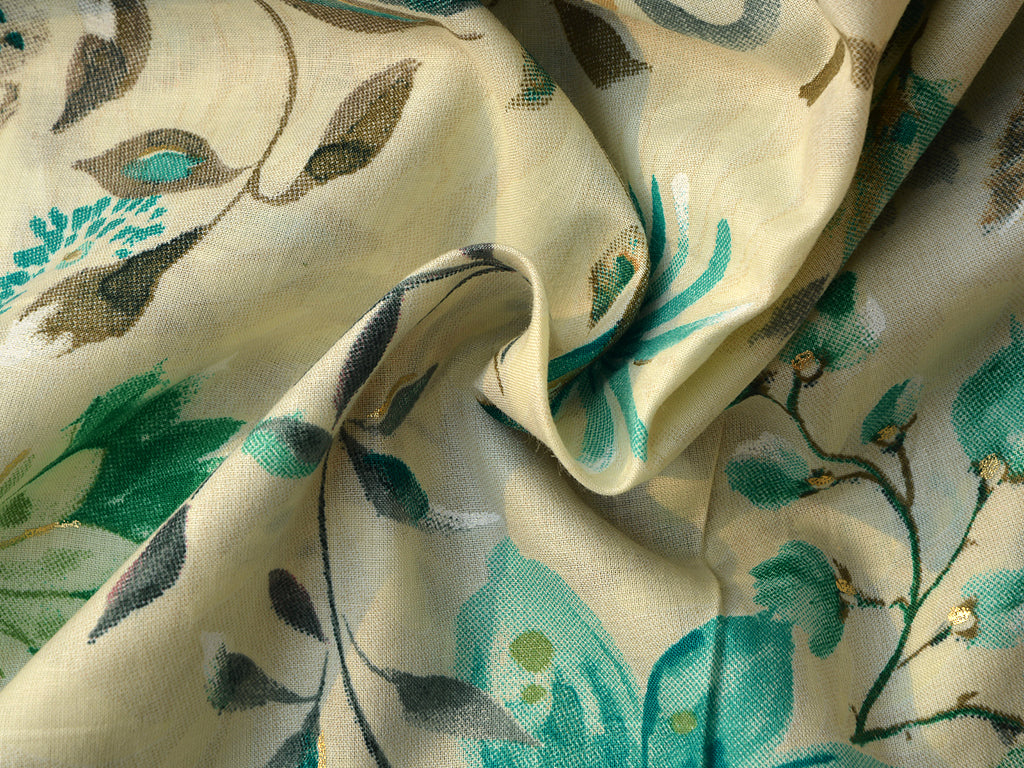 Cream & Sea Green Floral Pure Mul Mul Cotton Fabric