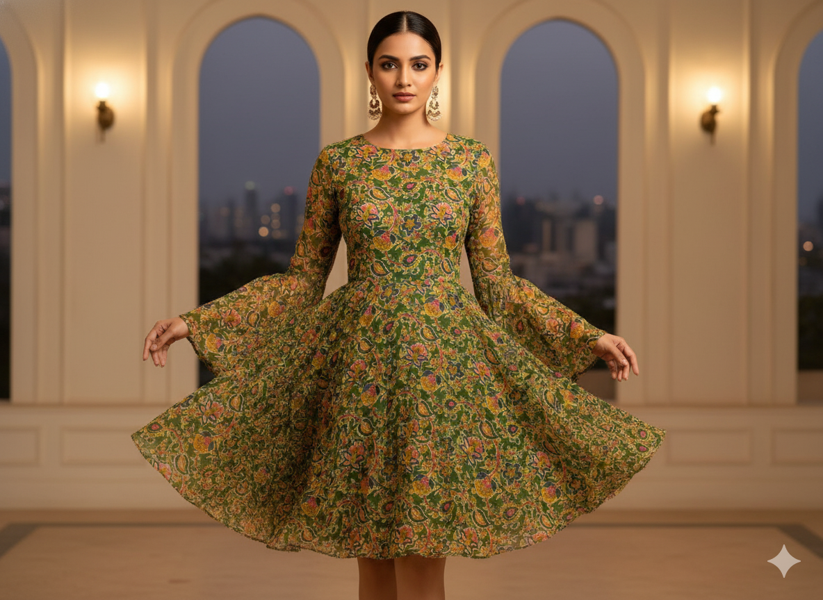 Green Floral 100% Pure Cotton Handblocked Kalamkari Fabric