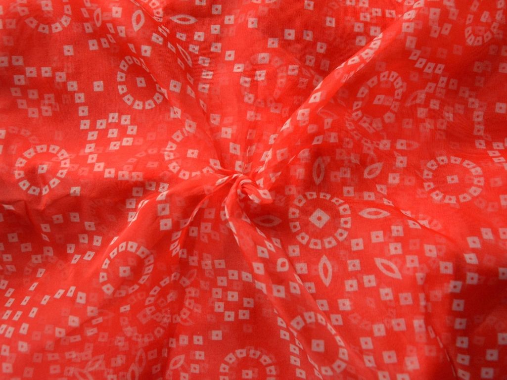 Red Blue Bandhani Digital Printed Liquid Organza Fabric